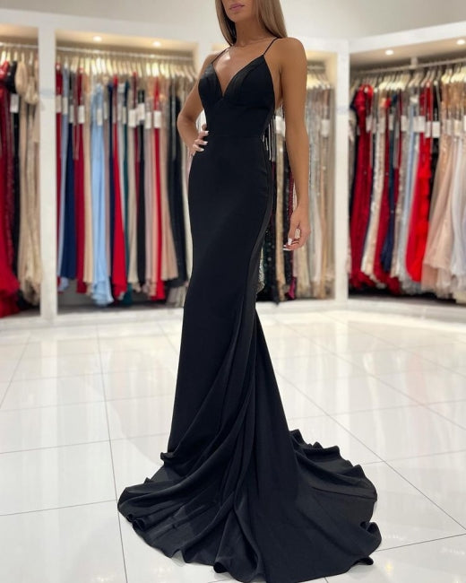 Fabulous Black Spaghetti Straps Mermaid Prom Dresses Long Party Dresses