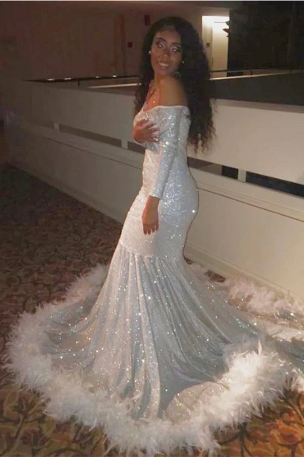 Glamorous Floor Length Long Sleeves Mermaid Sequined Prom Dress with Feathers