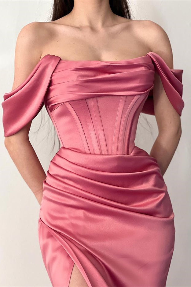 Fabulous Floor-Length Off-Shoulder Mermaid Satin Prom Dress with a Dramatic Split