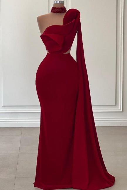 Fabulous Long Burgundy One-Shoulder Mermaid Sleeveless Prom Gown with Ruffles