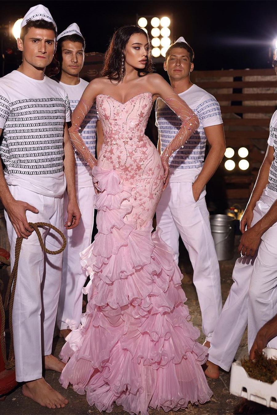 Fabulous Pink Mermaid Sleeveless Prom Dress with Pearls and Ruffles