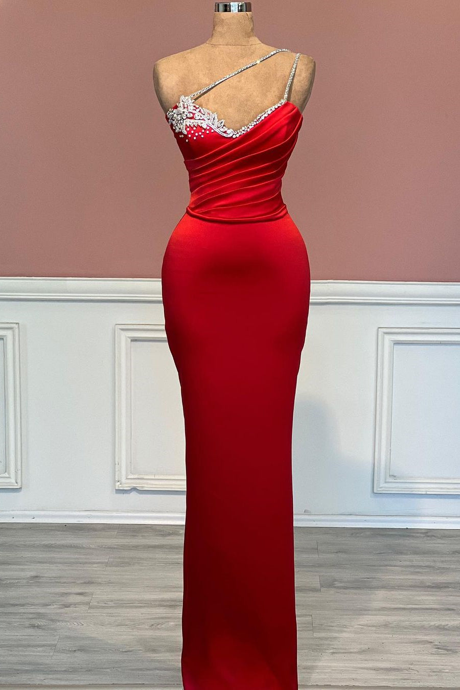 Gorgeous Mermaid Sweetheart Red One Shoulder Straps Jewels Prom Dress