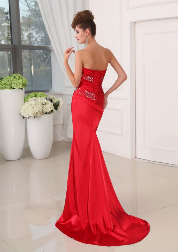 Fabulous Mermaid Long Red Strapless Sequined Sleeveless Prom Dress with Lace