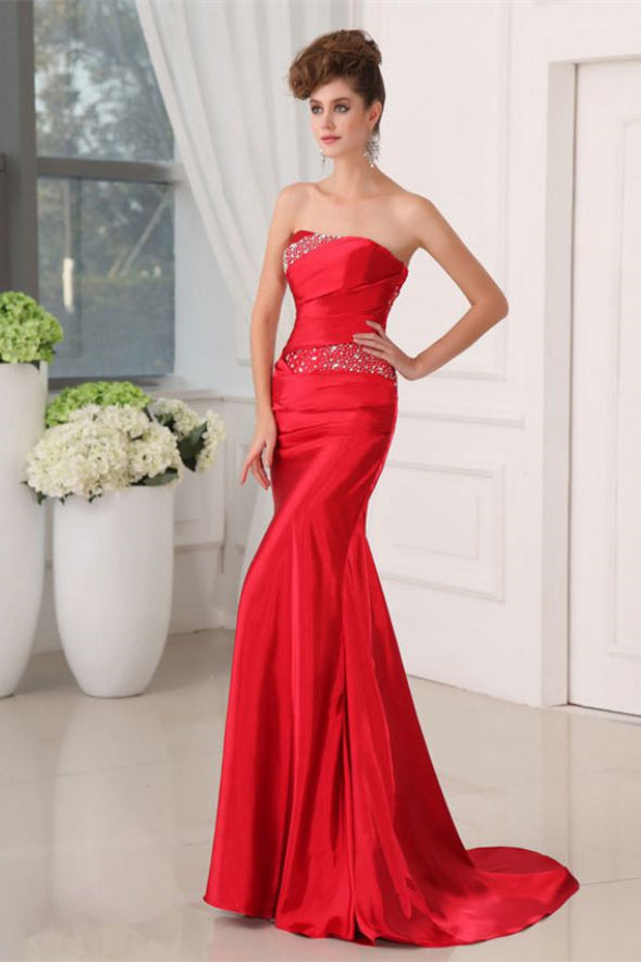 Fabulous Mermaid Long Red Strapless Sequined Sleeveless Prom Dress with Lace