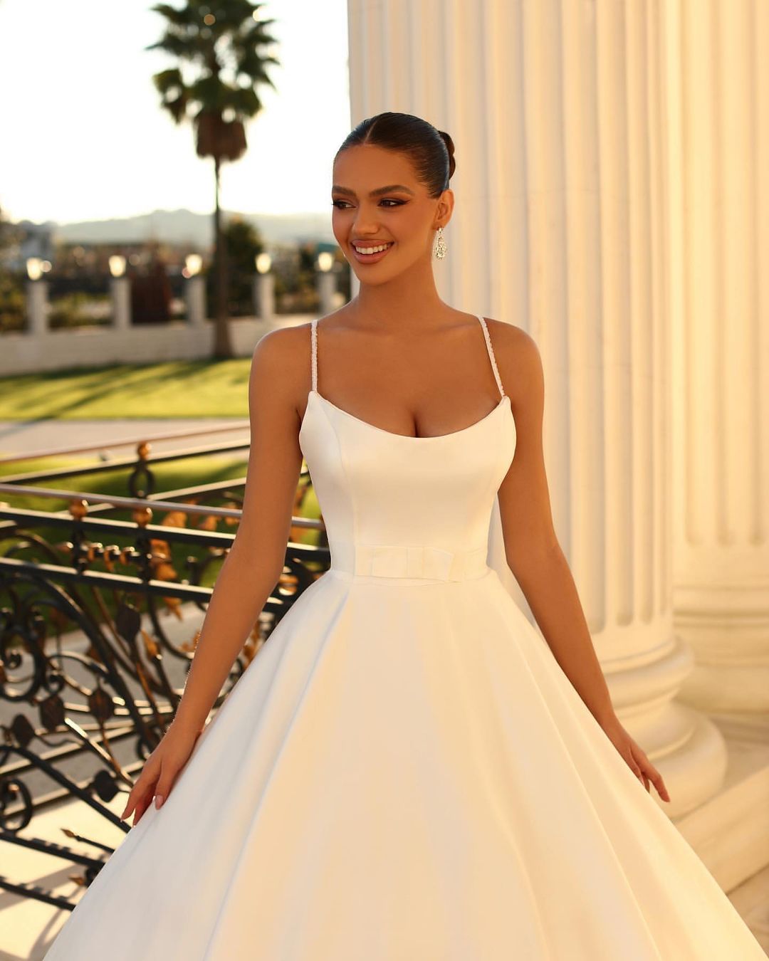 Fabulous Long White A-line Spaghetti-Strap Satin Wedding Gown