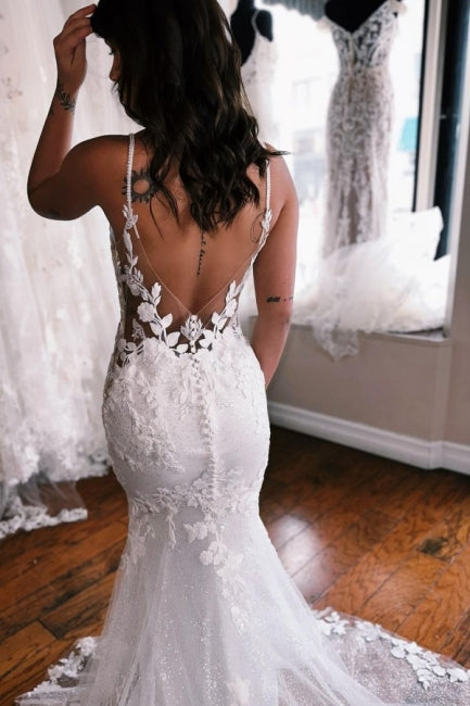 Fabulous Spaghetti-Straps Sleeveless Mermaid Lace Wedding Dresses Online