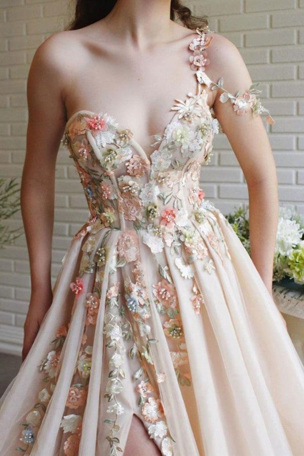 Fairy Flowers Applique Prom Dress Champagne Tulle With Slit