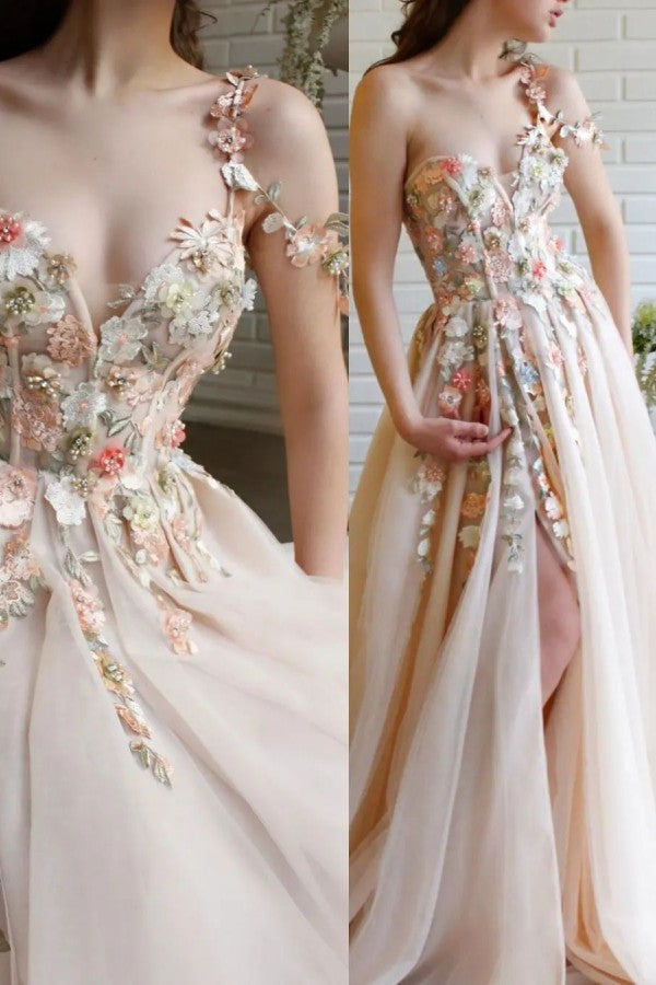 Fairy Flowers Applique Prom Dress Champagne Tulle With Slit