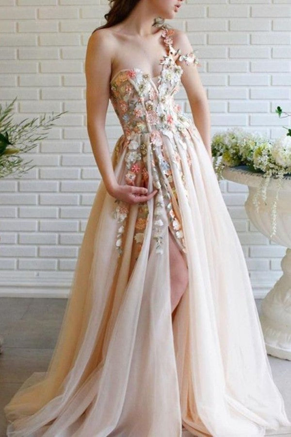 Fairy Flowers Applique Prom Dress Champagne Tulle With Slit