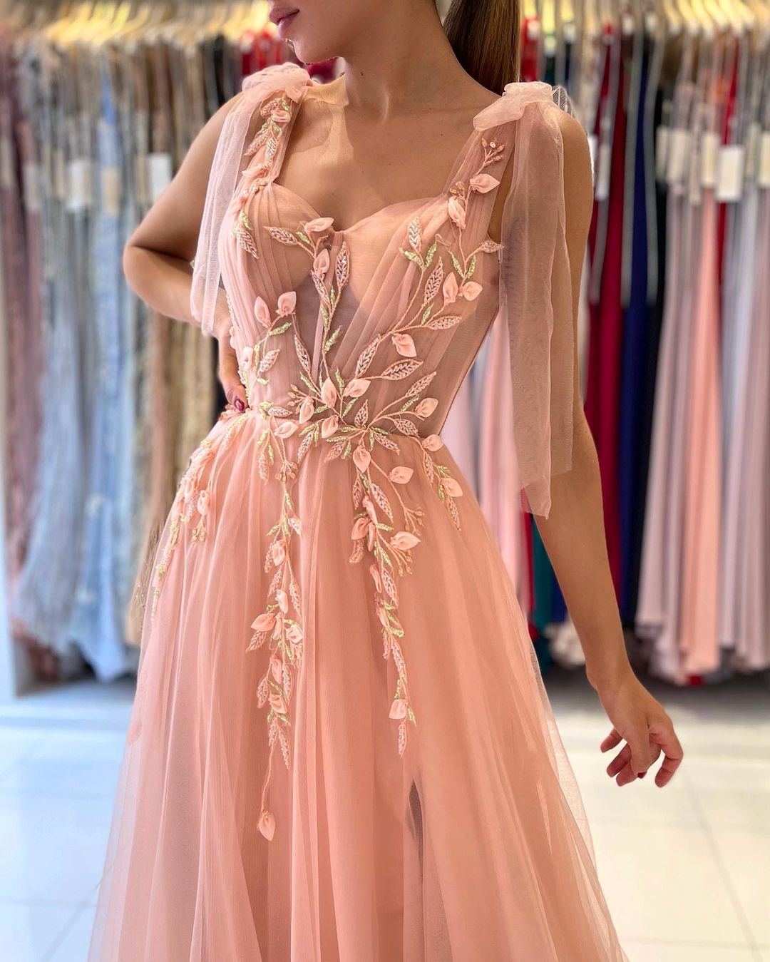 Fairy Tulle Prom Dress Slit Long With Appliques