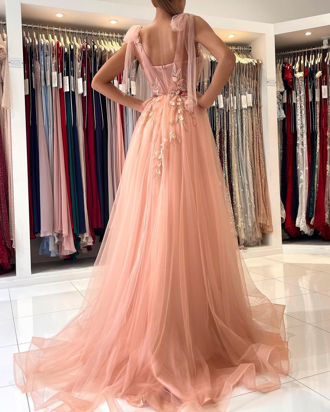 Fairy Tulle Prom Dress Slit Long With Appliques