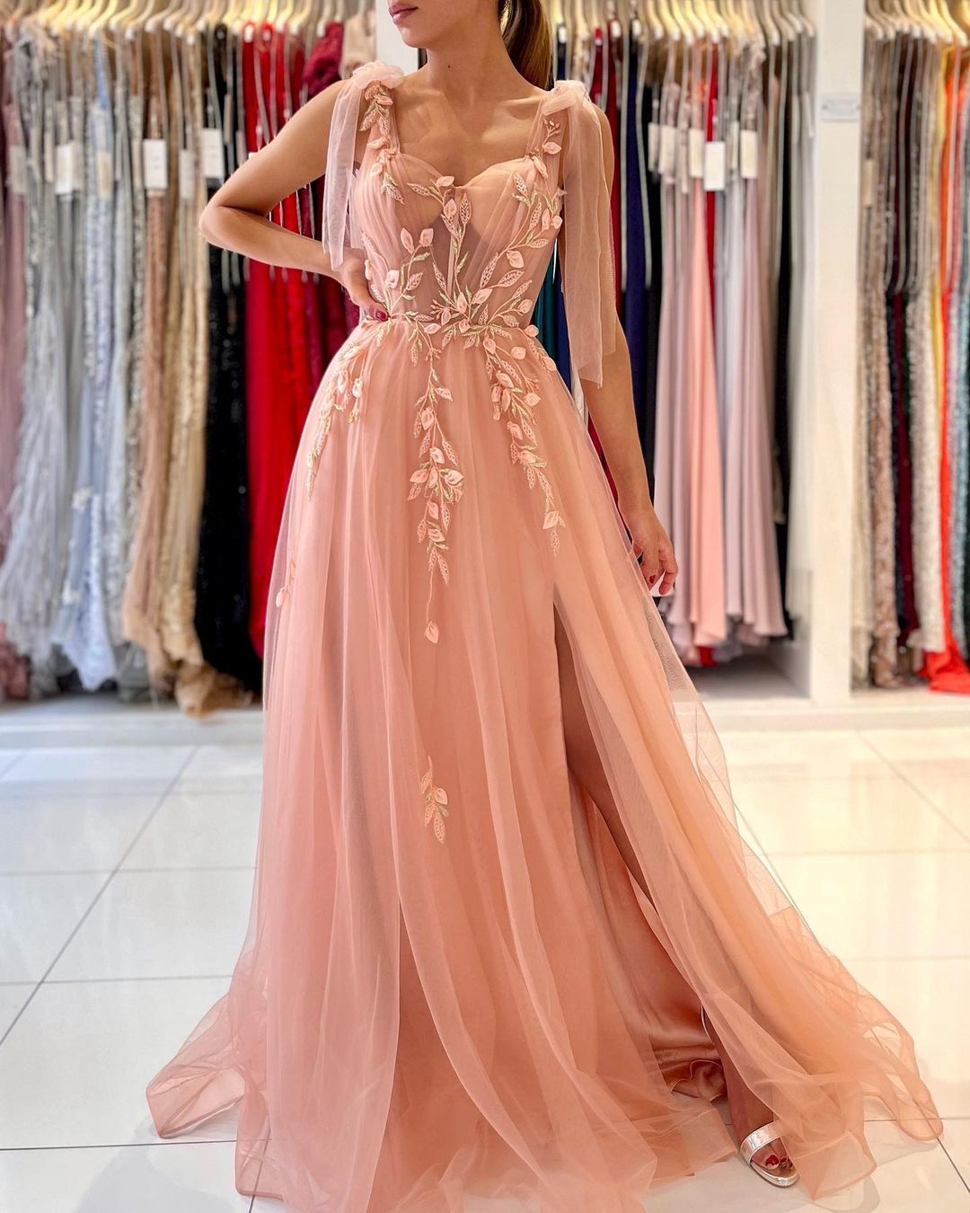 Fairy Tulle Prom Dress Slit Long With Appliques