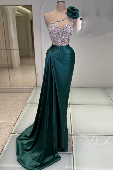 Fashionable Long Dark Green One Shoulder Jewel Sleeveless Prom Gown