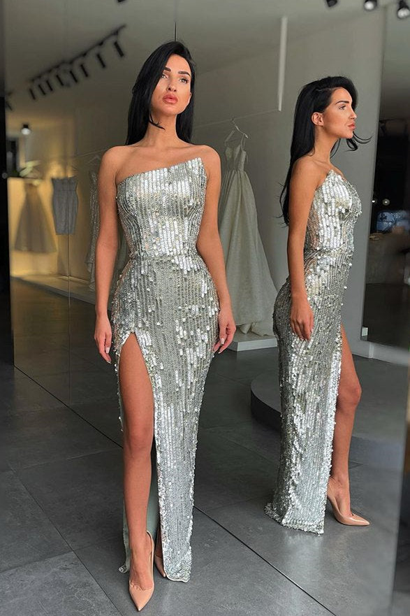 Fashion Silver Sequin Asymmetric neckline High split Prom Dress