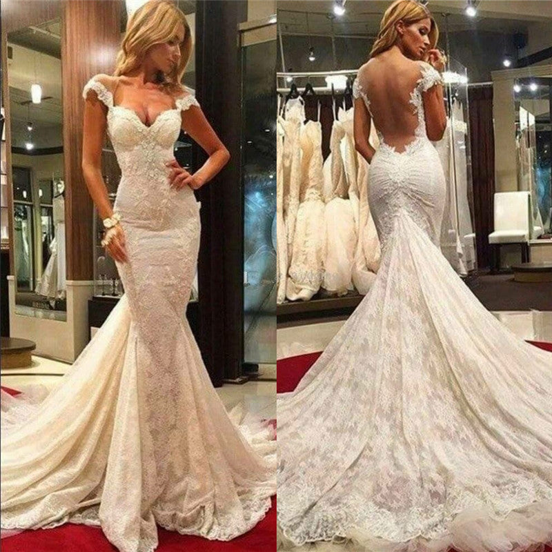 Fit and Flare Lace Wedding Dresses Sheer Tulle Back Wholesale Bridal Gowns with Chapel Train