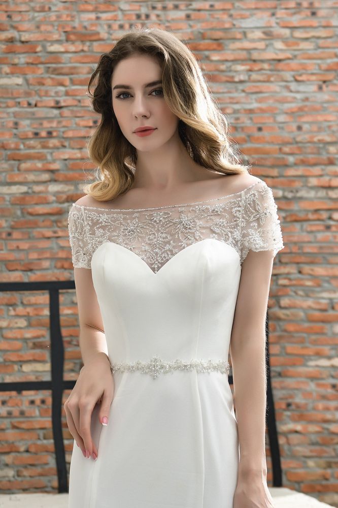 Floral Beaded Cap Sleeve Mermaid Lace Ivory Wedding Dress with Chapel Train