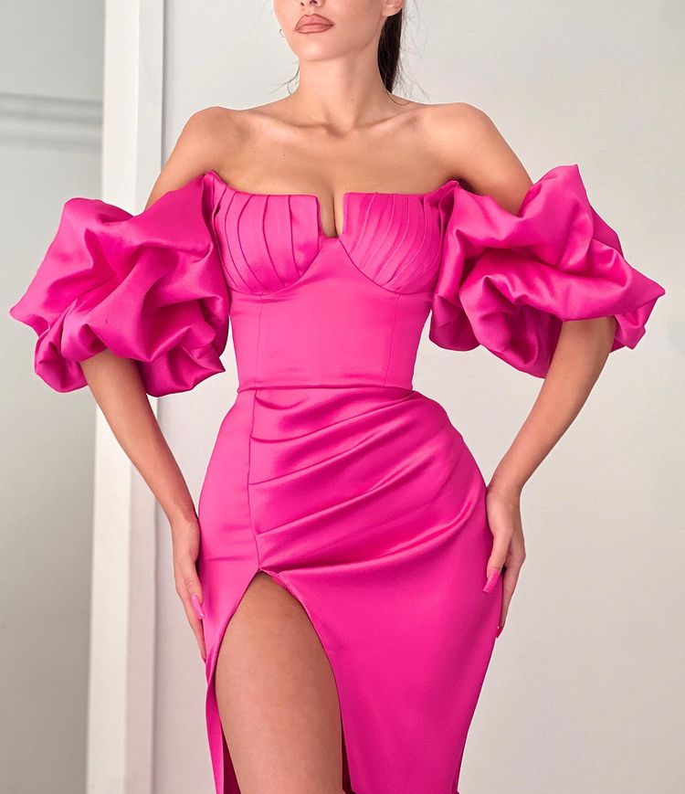 Fuchsia Off-the-shoulder Bubble Sleeves High split Long Mermaid Prom Dress