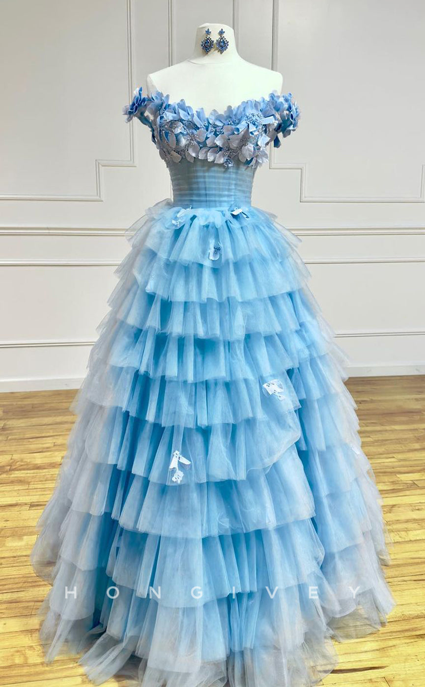 L2738 - A-Line Tulle Off-Shoulder Empire Tiered Appliques With Side Slit Prom Dress