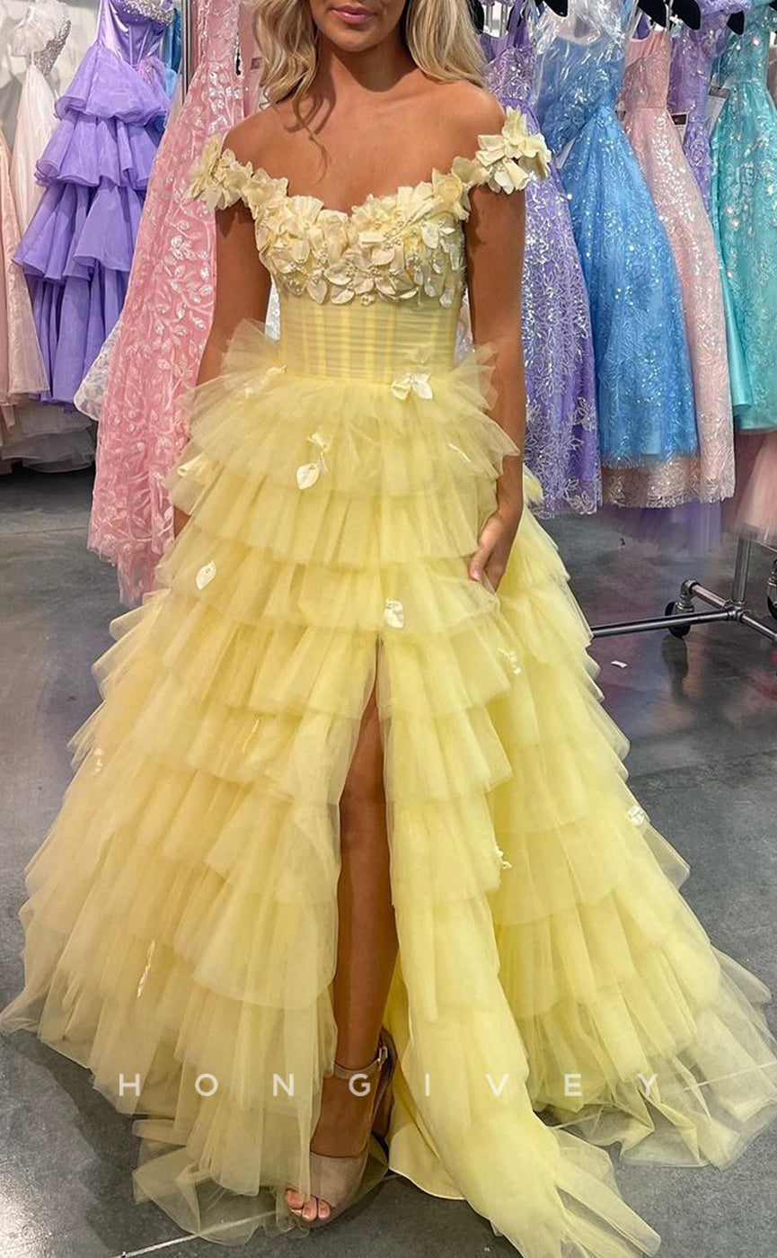 L2738 - A-Line Tulle Off-Shoulder Empire Tiered Appliques With Side Slit Prom Dress