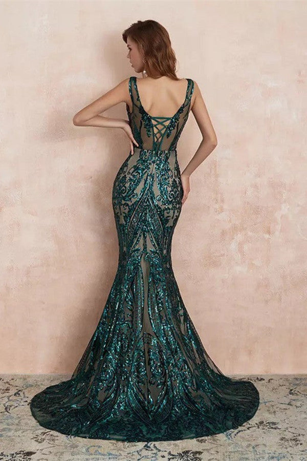 Glamorous Green Sequins Mermaid Evening Gowns Long V-Neck Prom Dress On Sale