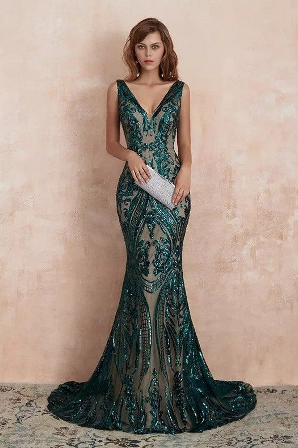 Glamorous Green Sequins Mermaid Evening Gowns Long V-Neck Prom Dress On Sale