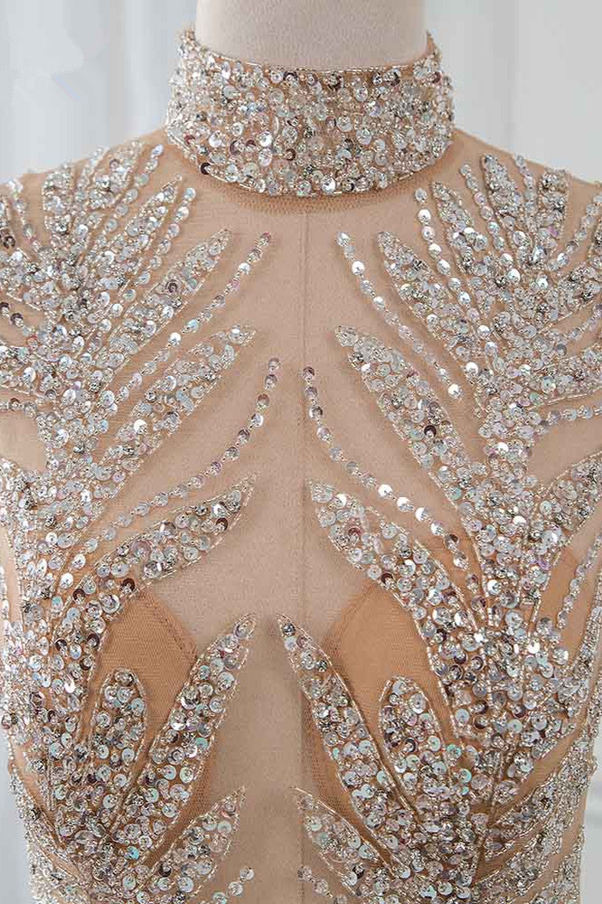 Glamorous High-Neck Beadings Appliques Prom Dresses with Rhinestones