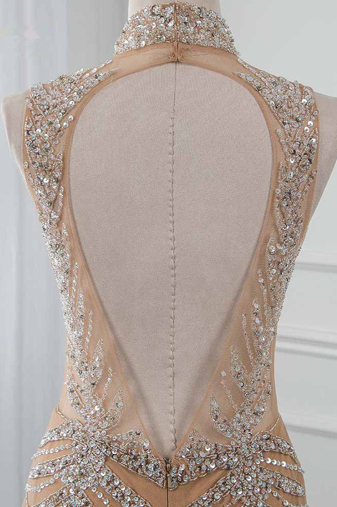 Glamorous High-Neck Beadings Appliques Prom Dresses with Rhinestones