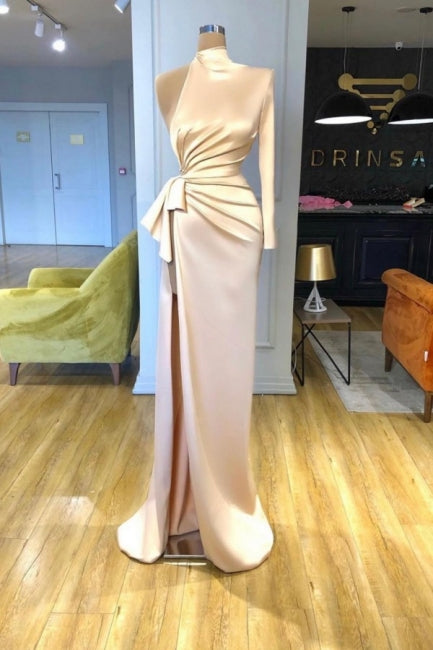 Glamorous High Neck Long Sleeve Column Satin Evening Dress with Front Split