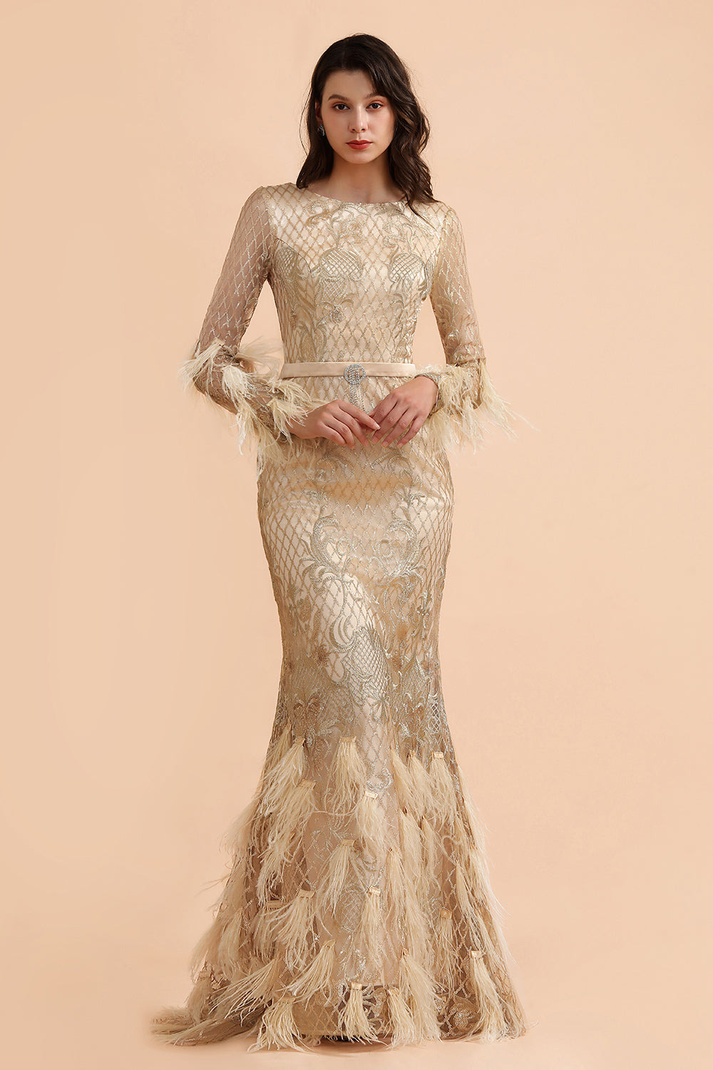 Glamorous Jewel Lace Appliques Prom Dresses Long Sleeves Mermaid Formal Dresses with Fur