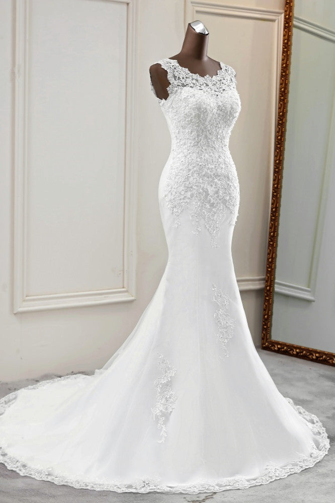 Glamorous Jewel Lace Beading Wedding Dresses Sleeveless Appliques Mermaid Bridal Gowns