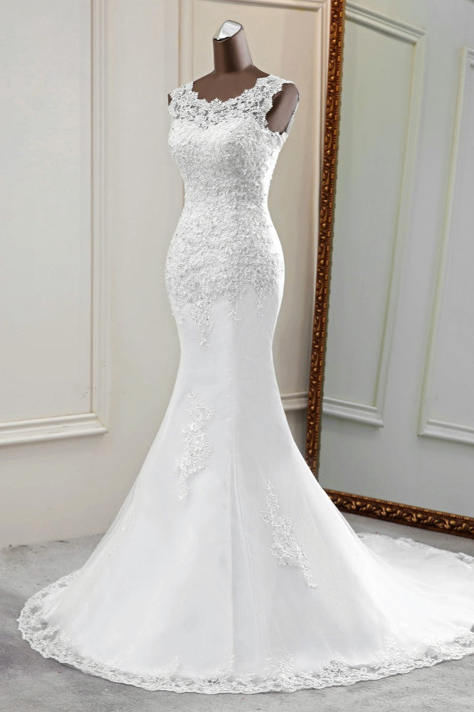 Glamorous Jewel Lace Beading Wedding Dresses Sleeveless Appliques Mermaid Bridal Gowns