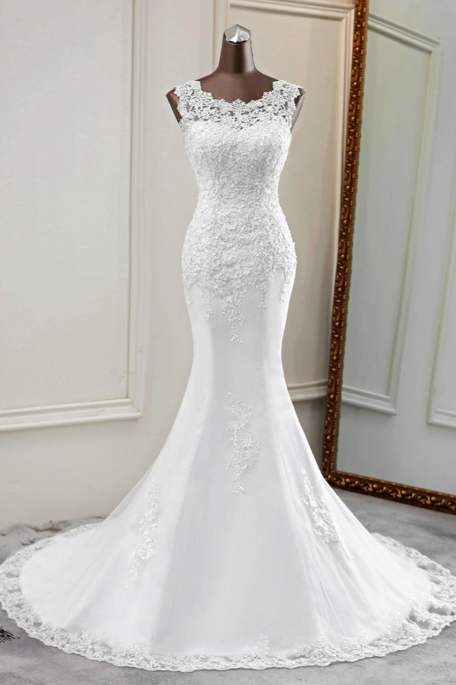 Glamorous Jewel Lace Beading Wedding Dresses Sleeveless Appliques Mermaid Bridal Gowns