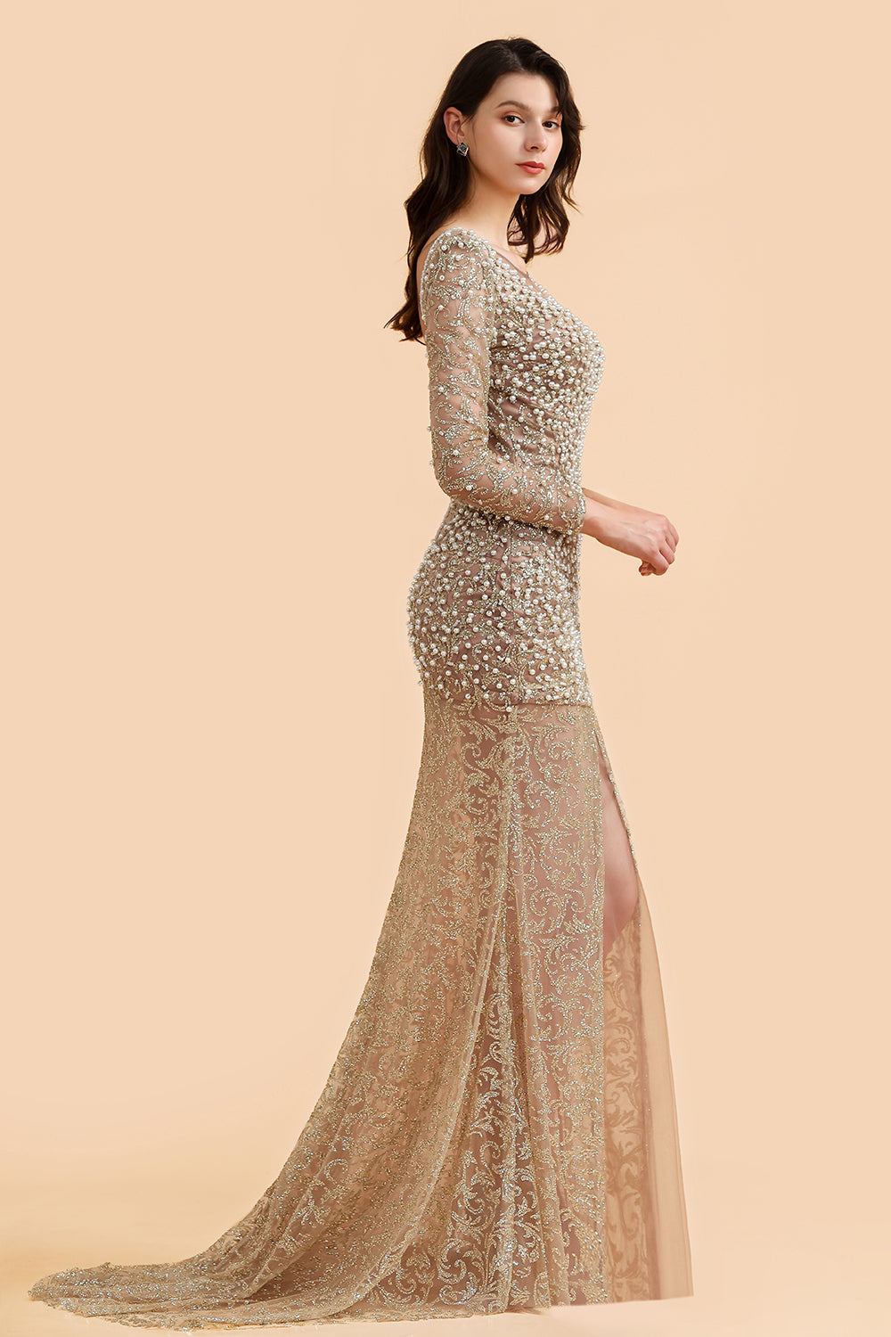 Glamorous Jewel Lace Front Slit Prom Dresses Long Sleeves Appliques Formal Dresses with Pearls