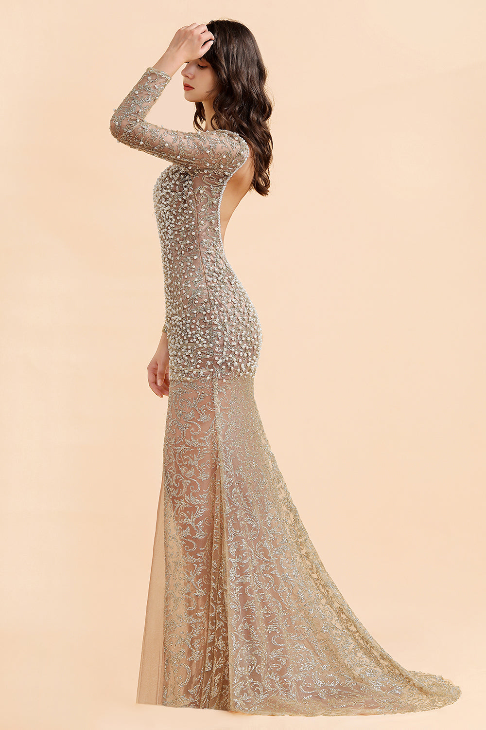 Glamorous Jewel Lace Front Slit Prom Dresses Long Sleeves Appliques Formal Dresses with Pearls