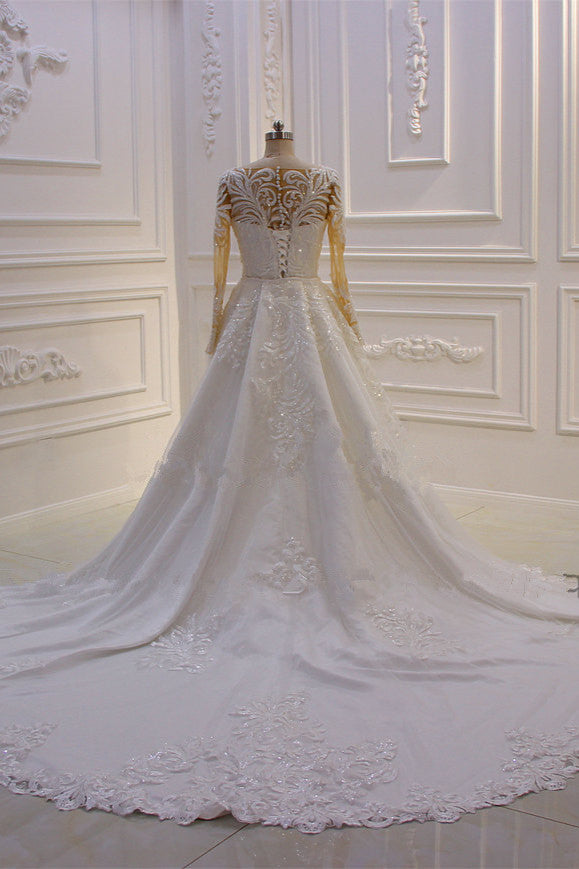 Glamorous Jewel Long Sleeves Wedding Dress Tulle Lace Bedaings Bridal Gowns