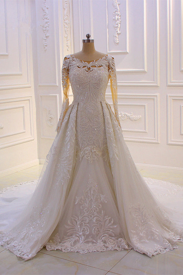 Glamorous Jewel Long Sleeves Wedding Dress Tulle Lace Bedaings Bridal Gowns