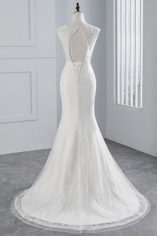 Glamorous Jewel Sleeveless Rhinestone White Mermaid Wedding Dresses with Appliques