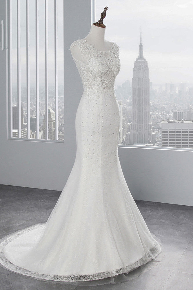 Glamorous Jewel Sleeveless Rhinestone White Mermaid Wedding Dresses with Appliques