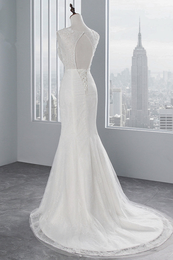 Glamorous Jewel Sleeveless Rhinestone White Mermaid Wedding Dresses with Appliques