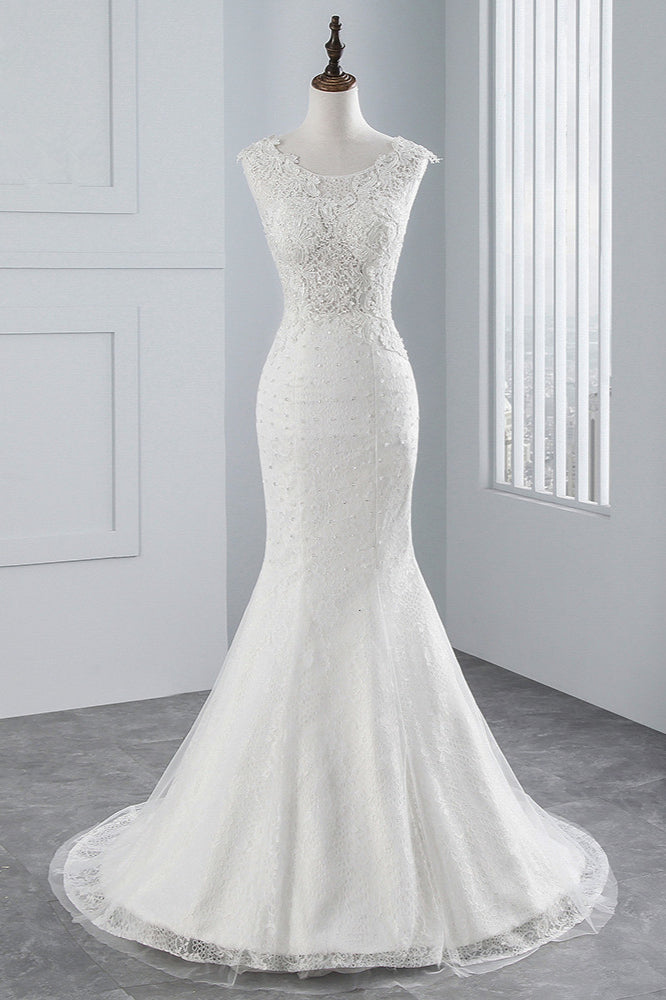 Glamorous Jewel Sleeveless Rhinestone White Mermaid Wedding Dresses with Appliques