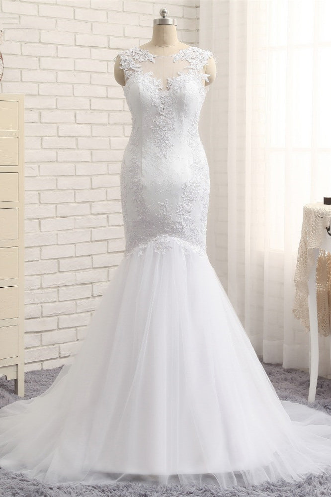 Glamorous Jewel Sleeveless Tulle Wedding Dresses White Mermaid Satin Bridal Gowns With Appliques On Sale