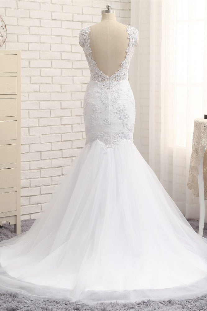 Glamorous Jewel Sleeveless Tulle Wedding Dresses White Mermaid Satin Bridal Gowns With Appliques On Sale