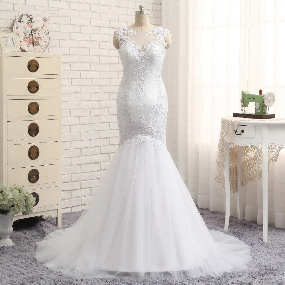 Glamorous Jewel Sleeveless Tulle Wedding Dresses White Mermaid Satin Bridal Gowns With Appliques On Sale