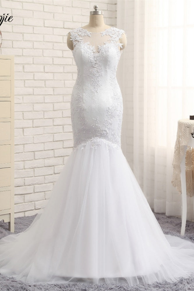 Glamorous Jewel Sleeveless Tulle Wedding Dresses White Mermaid Satin Bridal Gowns With Appliques On Sale