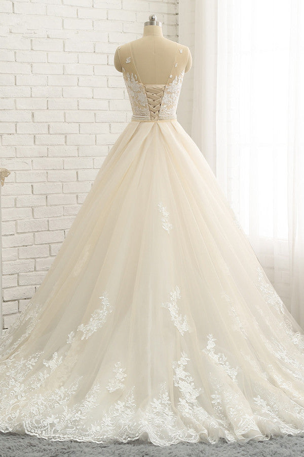 Glamorous Jewel Tulle Champagne Wedding Dress Appliques Sleeveless Overskirt Bridal Gowns with Beading Sash