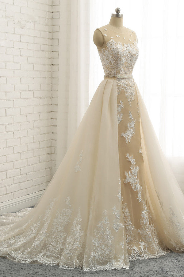 Glamorous Jewel Tulle Champagne Wedding Dress Appliques Sleeveless Overskirt Bridal Gowns with Beading Sash