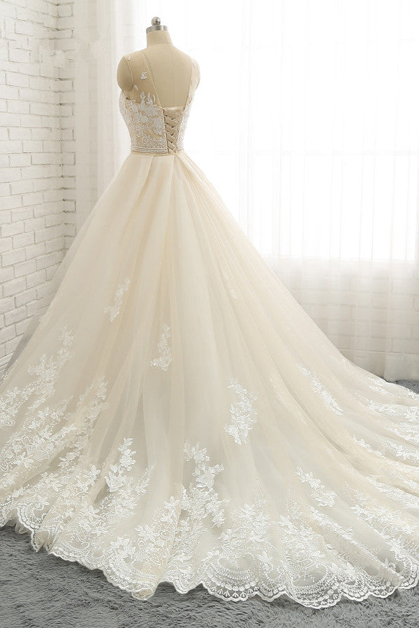 Glamorous Jewel Tulle Champagne Wedding Dress Appliques Sleeveless Overskirt Bridal Gowns with Beading Sash