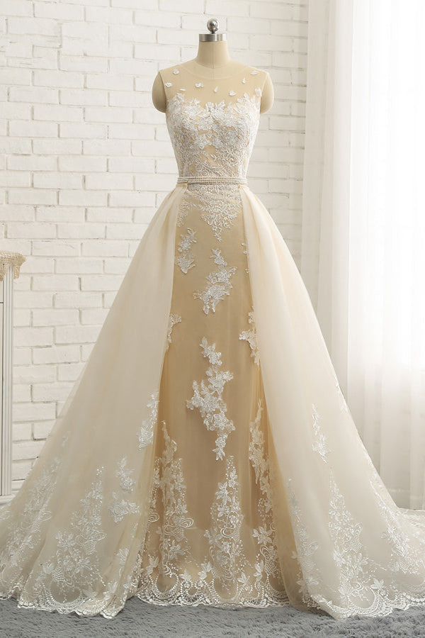 Glamorous Jewel Tulle Champagne Wedding Dress Appliques Sleeveless Overskirt Bridal Gowns with Beading Sash