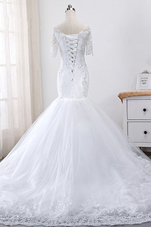 Glamorous Jewel Tulle Lace Wedding Dress Mermaid Short Sleeves Beading Bridal Gowns