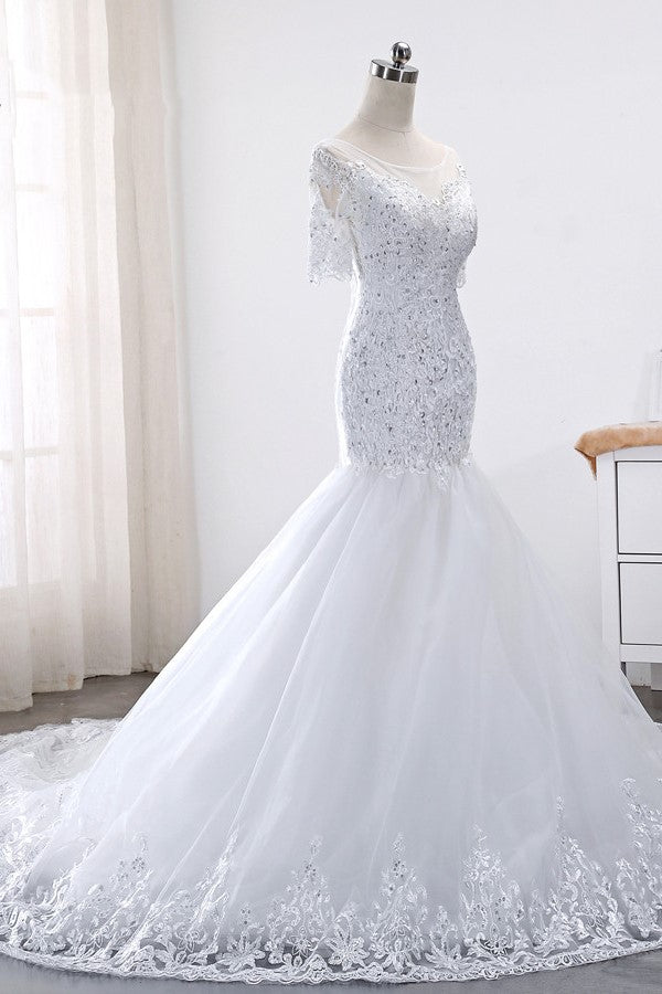 Glamorous Jewel Tulle Lace Wedding Dress Mermaid Short Sleeves Beading Bridal Gowns